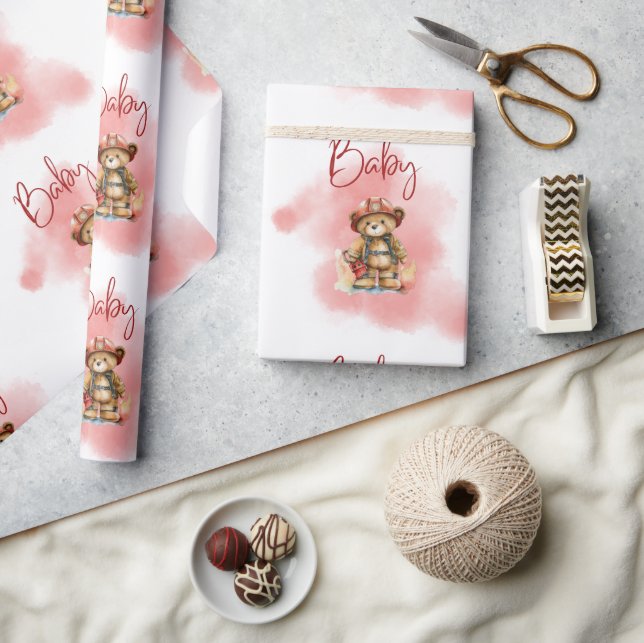 Teddy Bear Fireman Boy Baby Shower Wrapping Paper (Crafts)