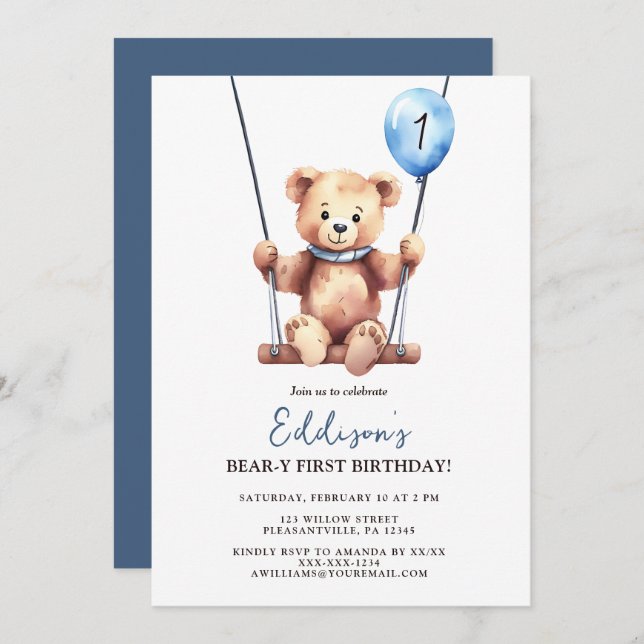 Teddy Bear First Birthday Invitation (Front/Back)