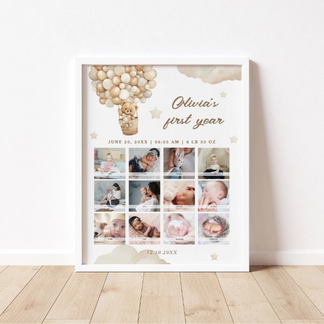 Teddy Bear First Birthday Milestone Photo Poster (Creator Uploaded)