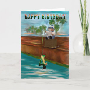 Teddy bear fishing 4th Happy Birthday Card