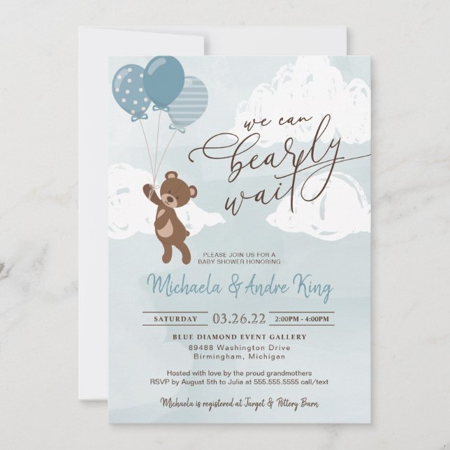  Teddy Bear Floating with Balloons Boy Baby Shower Invitation (Front)