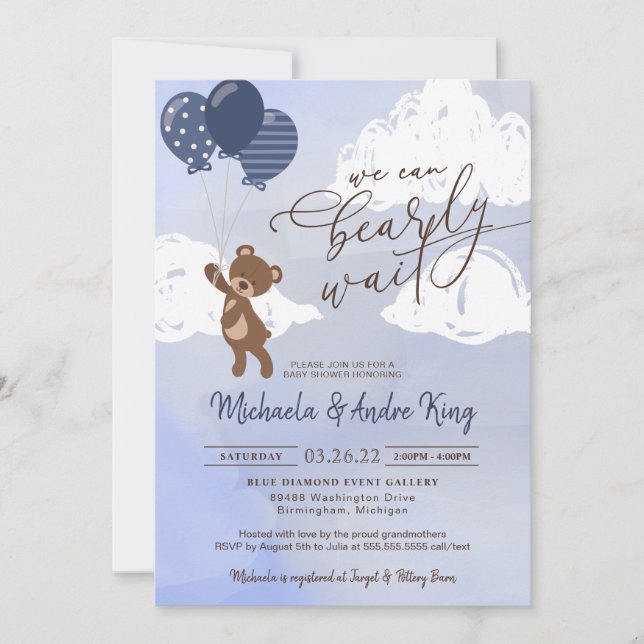  Teddy Bear Floating with Balloons Boy Baby Shower Invitation (Front)