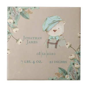 Teddy Bear Floral Name Personalise Birth Stats Ceramic Tile