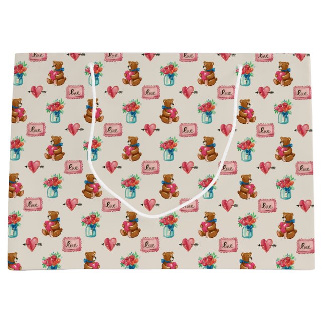 Teddy Bear & Flower Bouquet Patterned Large Gift Bag (Front)