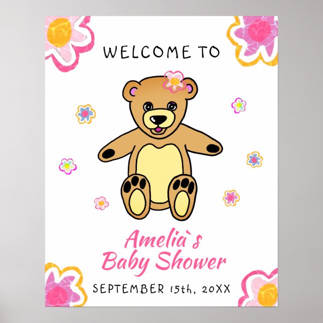 Teddy Bear Flower Floral Baby Shower Welcome Sign (Front)