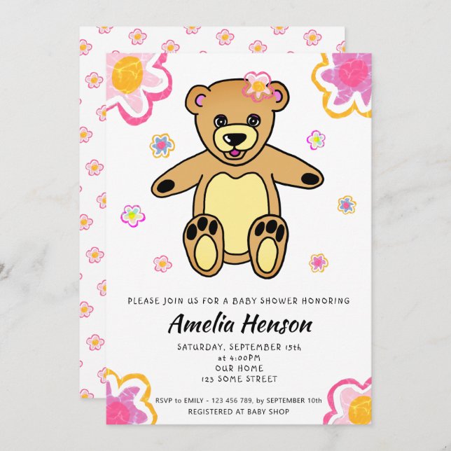 Teddy Bear Flower Girl Floral Baby Shower Invitation (Front/Back)