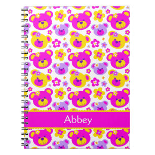 Teddy bear flower pattern girls pink name notebook