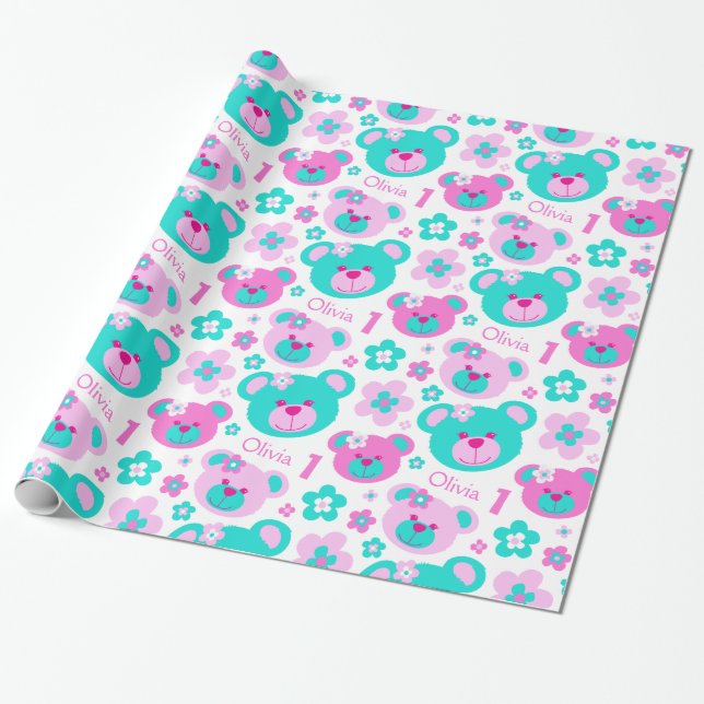 Teddy bear flowers 1st birthday name gift paper (Unrolled)