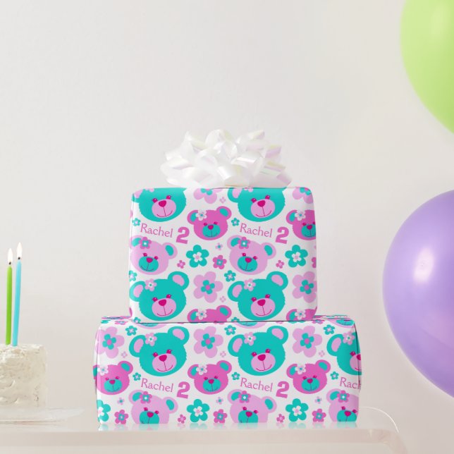 Teddy bear flowers 2nd birthday name gift paper (Party Gifts)