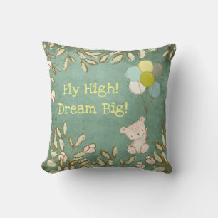 Teddy Bear Fly High Dream Balloons Green Typo Cushion