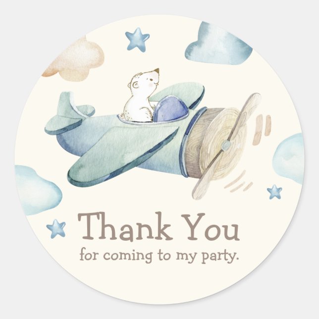 Teddy Bear Flying Aeroplane Thank You Favour Classic Round Sticker (Front)