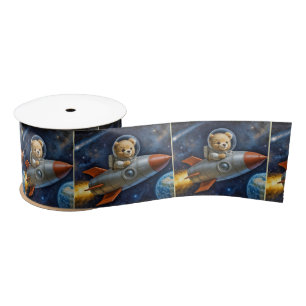 Teddy Bear Flying In a Rocket Ship Satin Ribbon