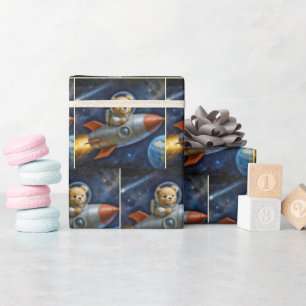 Teddy Bear Flying In a Rocket Ship Wrapping Paper