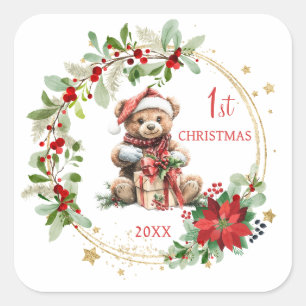 Teddy Bear Foliage Poinsettia Baby 1st Christmas Square Sticker