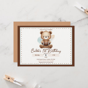 Teddy Bear Football Watercolor 1st Birthday Party Invitation