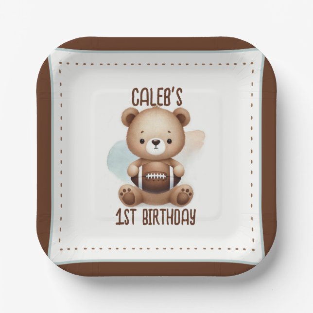 Teddy Bear Football Watercolor 1st Birthday Party Paper Plate (Front)