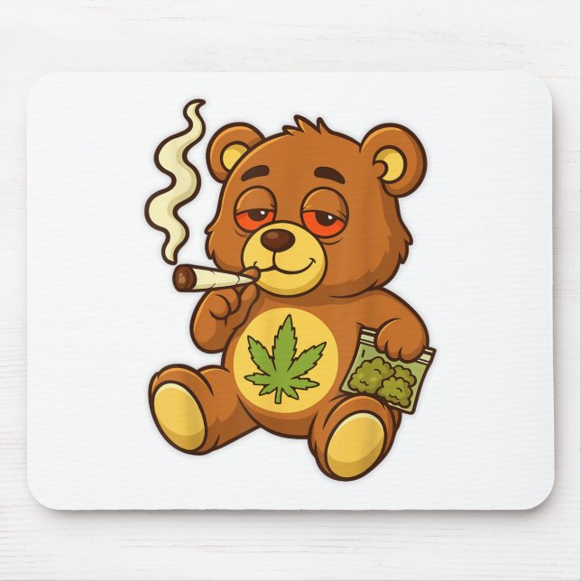 Teddy Bear Funny Weed Smoking Bear With Joint Leaf Mouse Pad (Front)