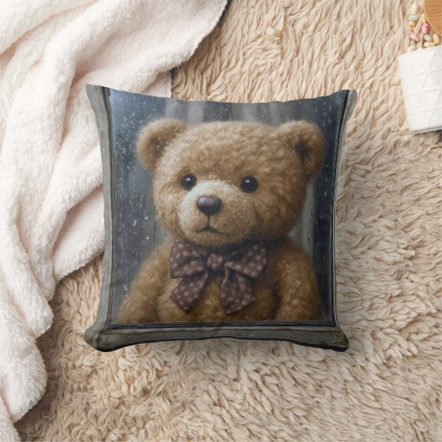 Teddy Bear Gazing Out of a Rainy Window Cushion (Blanket)
