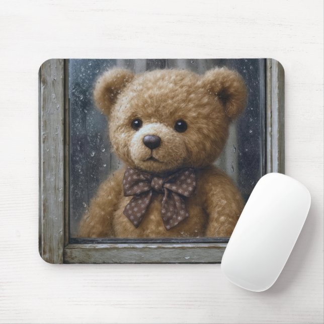 Teddy Bear Gazing Out of Rainy Window Mouse Pad (With Mouse)