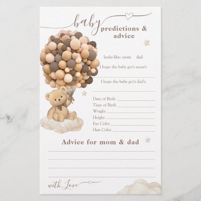 Teddy Bear Gender Neutral Baby Shower Game (Front)