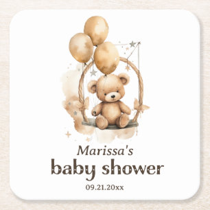Teddy Bear Gender Neutral Baby Shower  Square Paper Coaster
