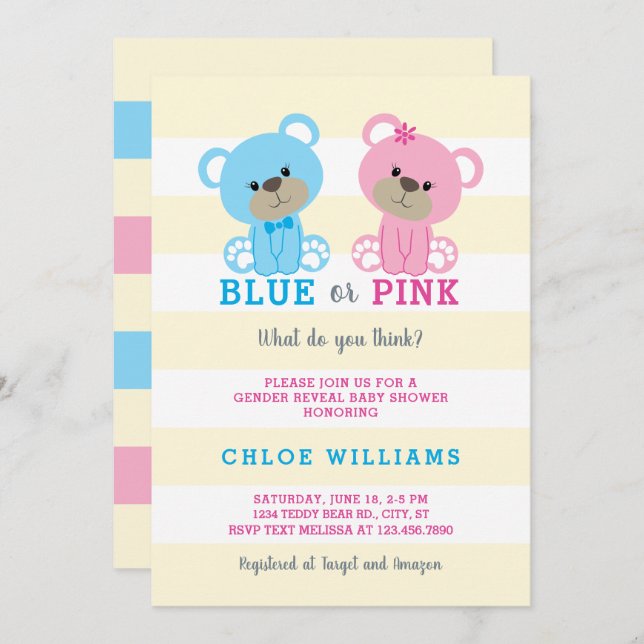 Teddy Bear Gender Reveal Baby Shower Invitation (Front/Back)