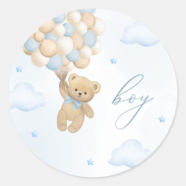 Teddy Bear Gender Reveal Boy Classic Round Sticker (Front)