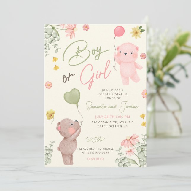 Teddy Bear Gender Reveal Invitation (Standing Front)