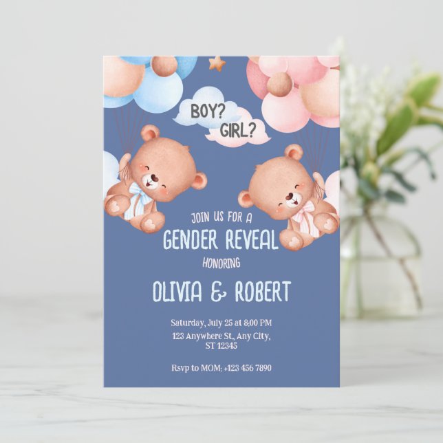  Teddy Bear Gender Reveal Invitation Balloons  (Standing Front)