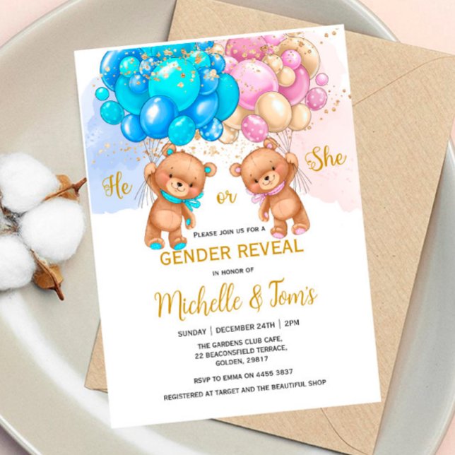 Teddy Bear Gender Reveal Party Invitation. Invitat Invitation (Creator Uploaded)