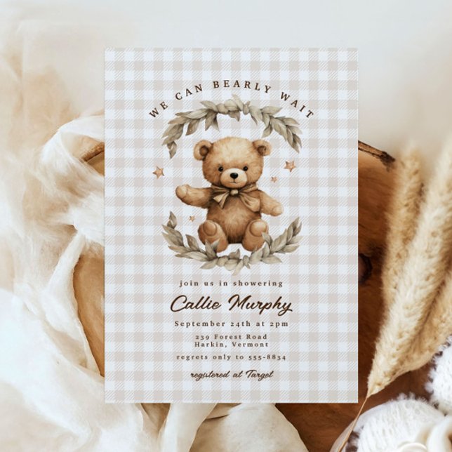 Teddy Bear Gingham Bearly Wait Leafy Baby Shower Invitation (Creator Uploaded)