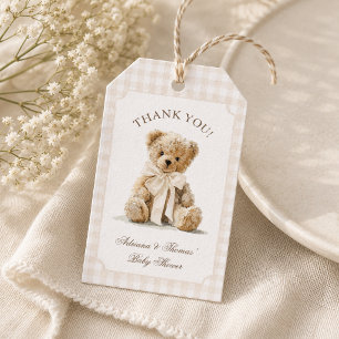 Teddy Bear Gingham Beige Baby Shower Thank You Gift Tags