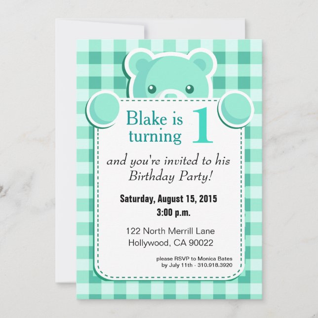 Teddy Bear Gingham Plaid Birthday | mint green Invitation (Front)