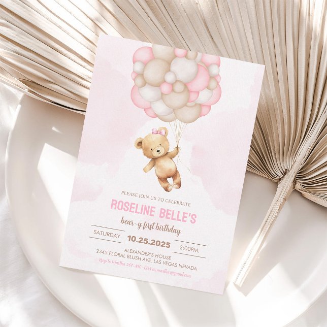 Teddy Bear Girl 1st Beary First Birthday Invitation (Creator Uploaded)