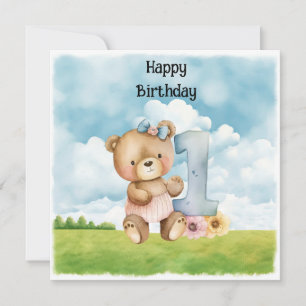 Teddy Bear Girl 1st Birthday watercolor one year