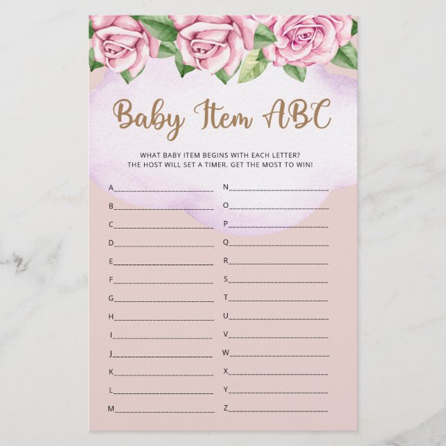 Teddy bear girl baby shower Baby Item ABC Game  (Front)