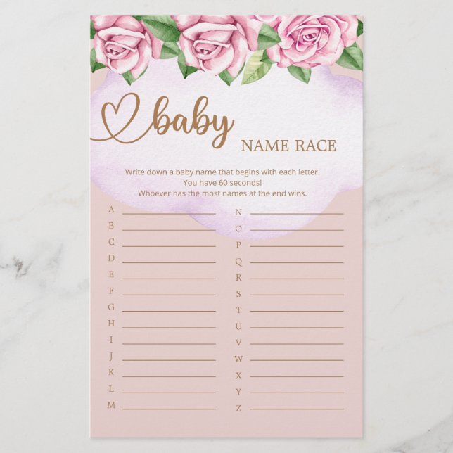 Teddy Bear Girl Baby Shower Baby Name Race Game (Front)