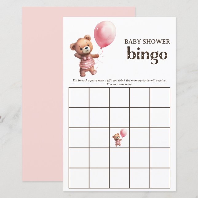 Teddy Bear Girl Baby Shower Bingo Game (Front/Back)