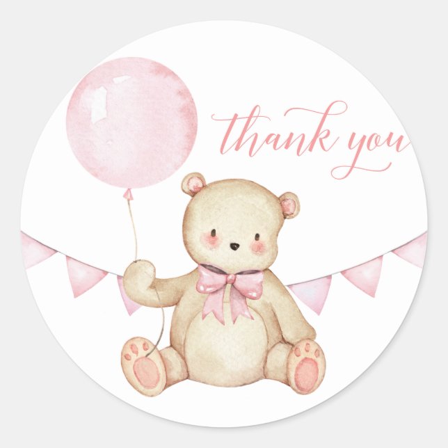 Teddy Bear Girl Baby Shower Favor Sticker (Front)