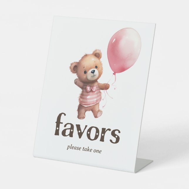 Teddy Bear Girl Baby Shower Favours Pedestal Sign (Front)