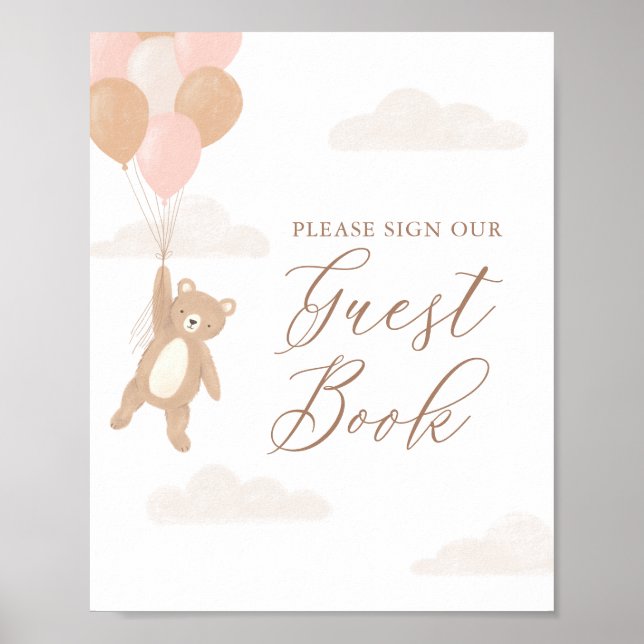 Teddy Bear Girl Baby Shower Guest Book Sign (Front)