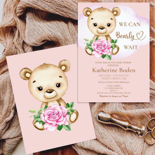 Teddy Bear Girl Baby Shower Invitation (Creator Uploaded)