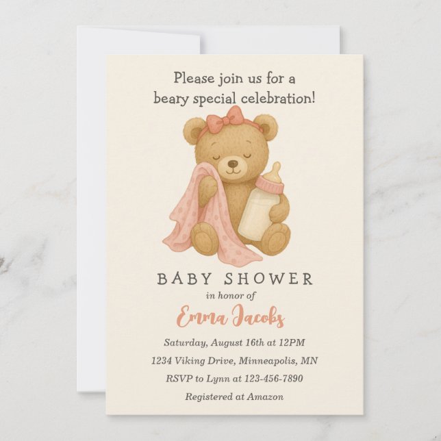 Teddy Bear Girl Baby Shower Invitation (Front)