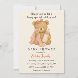 Teddy Bear Girl Baby Shower Invitation
