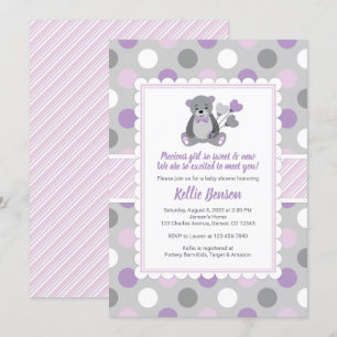 Teddy bear girl baby shower invitation purple grey