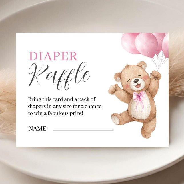 Teddy Bear Girl Baby Shower Pink Diaper Raffle Enclosure Card (Creator Uploaded)