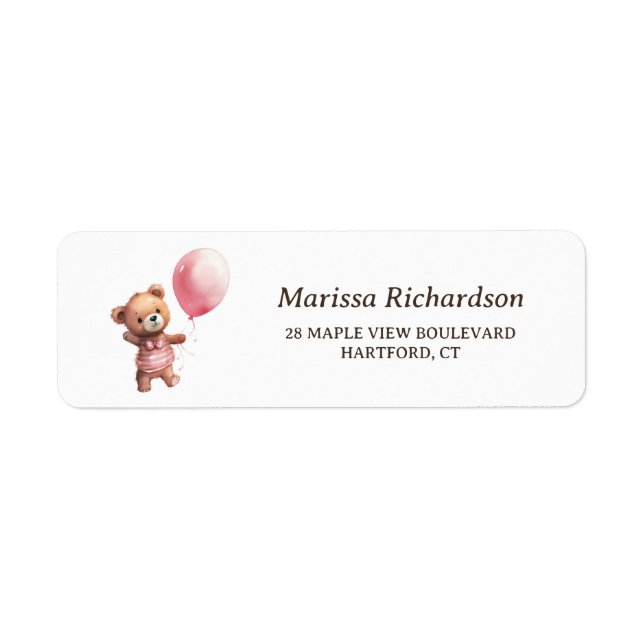 Teddy Bear Girl Baby Shower Return Address Label (Front)