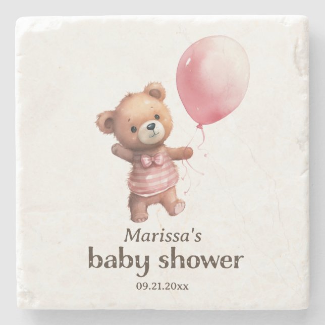 Teddy Bear Girl Baby Shower  Stone Coaster (Front)