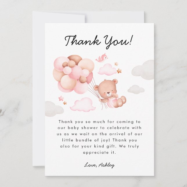 Teddy Bear Girl Baby Shower Thank You Card (Front)