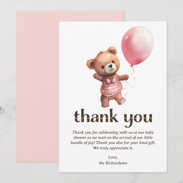 Teddy Bear Girl Baby Shower Thank You Card (Front/Back)